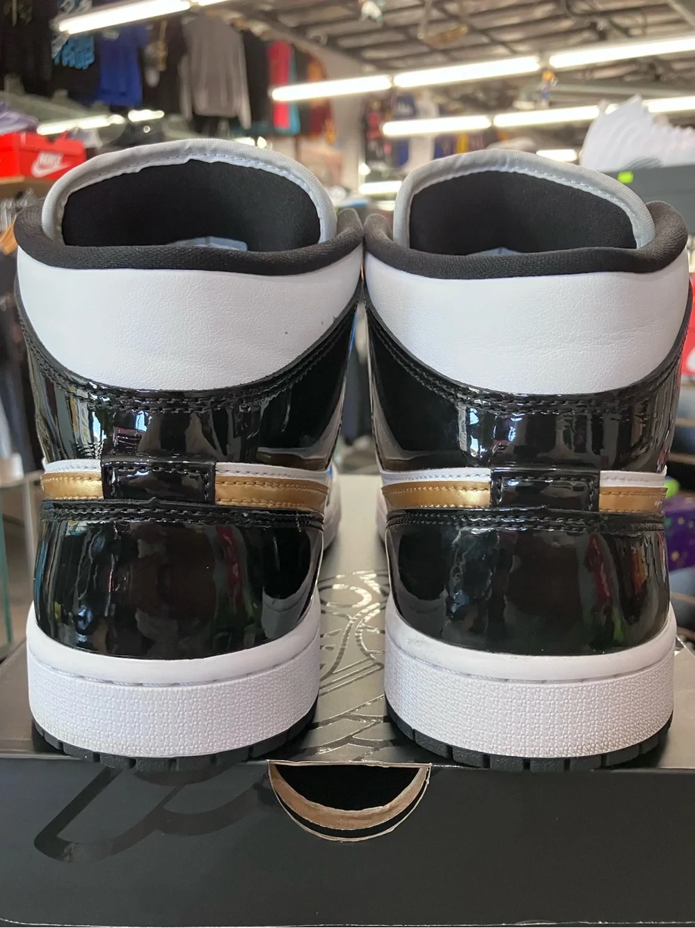 Air Jordan 1 Mid Patent Black White Gold Size 9